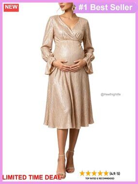 Sequin Maternity Midi Dress Long Bell Sleeve V-Neck Formal Party